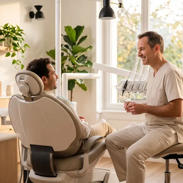 Un dentiste souriant discute avec un patient installé dans le fauteuil de soin