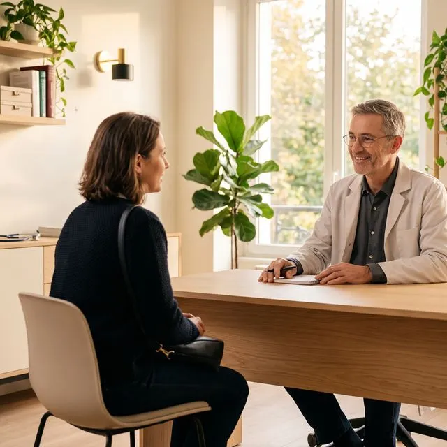 Un médecin échange avec une patiente à son bureau, dans un cabinet lumineux