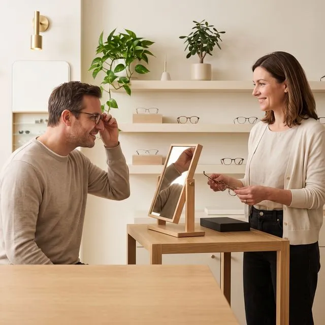 Une opticienne aide un client à essayer des lunettes devant un miroir, en boutique