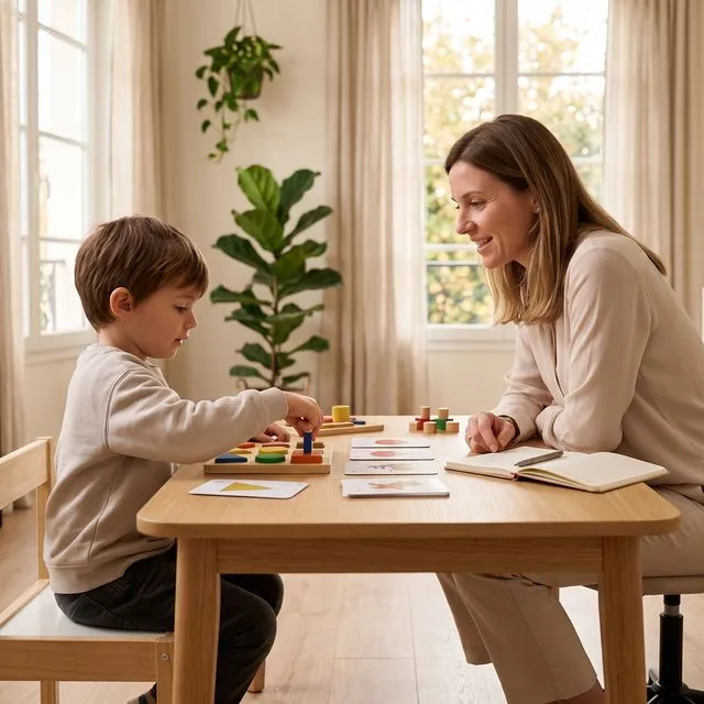 Une orthophoniste travaille avec un jeune enfant à une table, cartes et jeux éducatifs