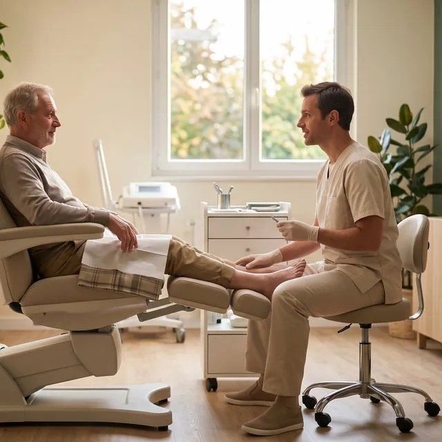Un pédicure-podologue examine le pied d’un patient installé dans un fauteuil de soin