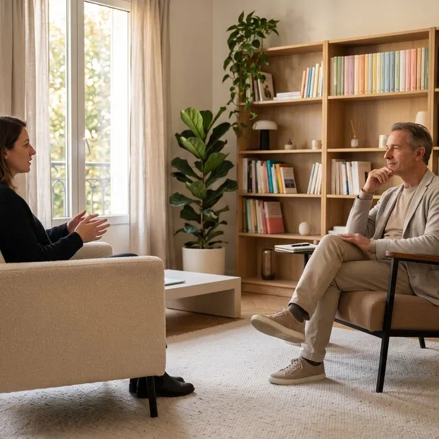 Un psychologue écoute une patiente, chacun dans un fauteuil, dans un cabinet calme et cosy