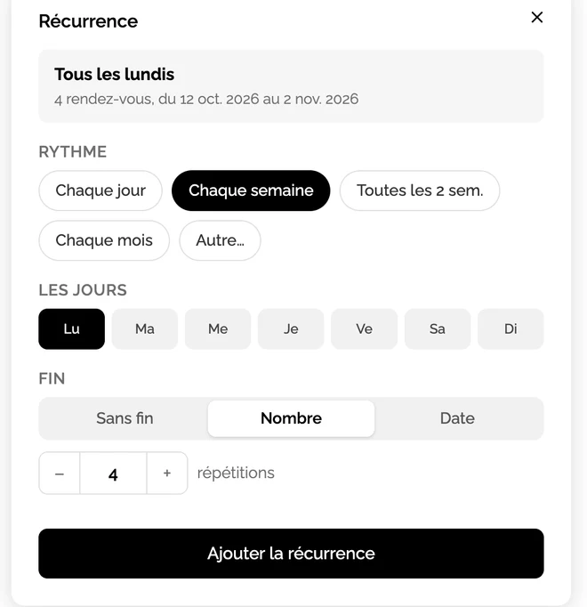 Écran RDV360 : réglage d’un rendez-vous récurrent, chaque semaine le lundi, sur quatre séances